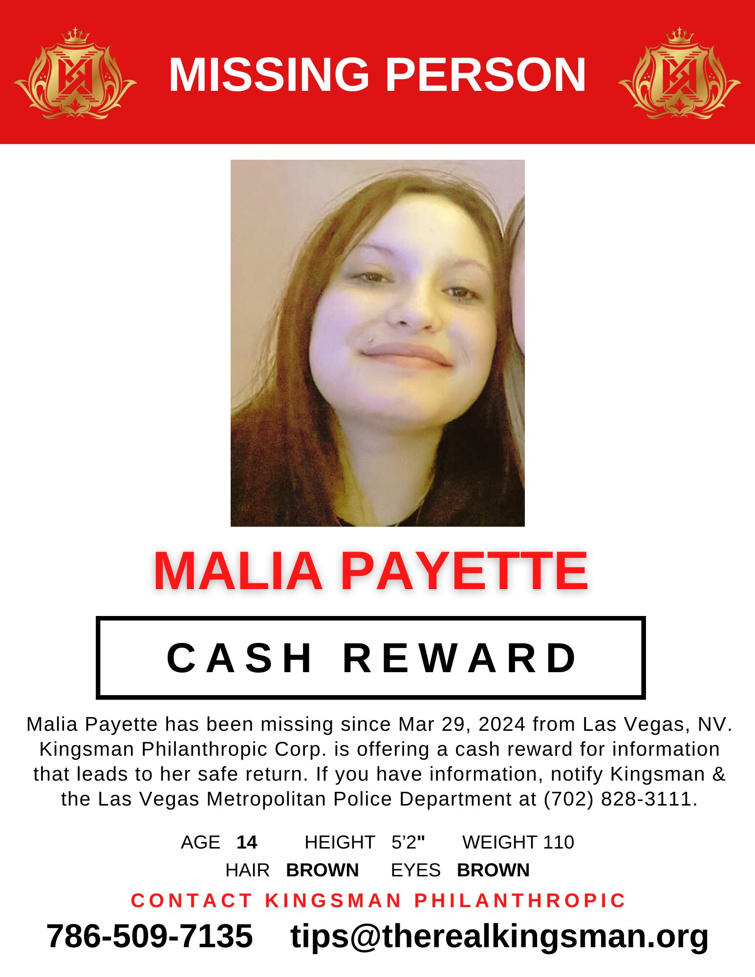 Kingsman Offers Cash Reward for Information on Missing Malia Payette Kingsman Offers Cash Reward for Information on Missing Malia Payette